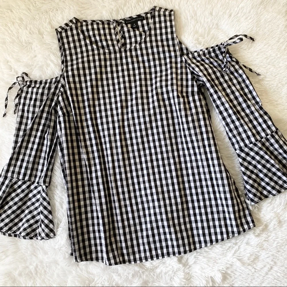 Gingham Cold Shoulder Top - Picture 1 of 5